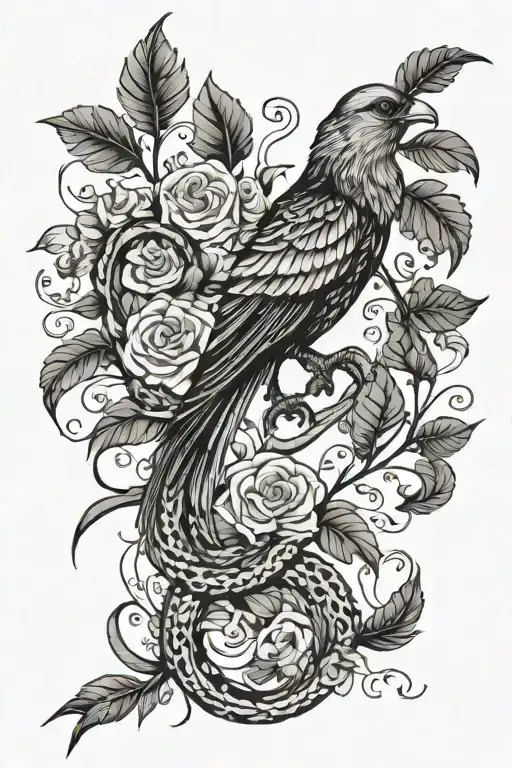 Feathers, vines, snake, finch tattoo design idea