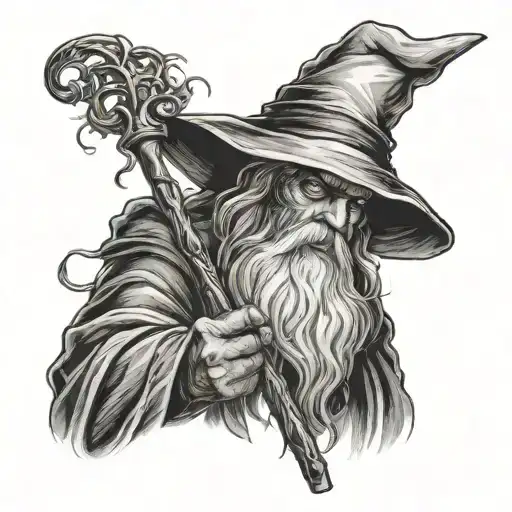 a lonely wizard holding a great staff tattoo design idea