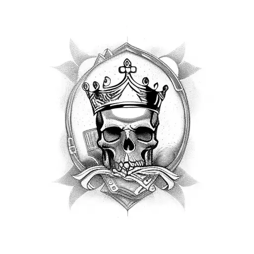 A full arm sleeve that includes playing cards scattered throughout, with a large skull wearing a crown.  tattoo design idea