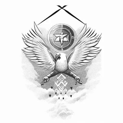 A dotwork design of a soaring eagle with stock market symbols incorporated into its feathers tattoo design idea