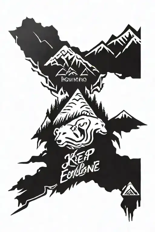 mountain merging into polarbear with writing "keep evolving, challenges inspire advancement" tattoo design idea