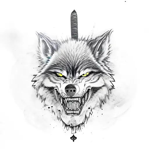 werewolf swordsman with 3 katanas next to a Sakura tree with a bloody head in his left hand, facing away from a Japanese tattoo design idea