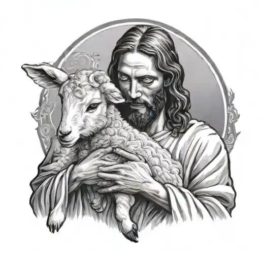 Jesus holding a lamb while looking at it in his arms to place on the arm stencil black and white color tattoo design idea