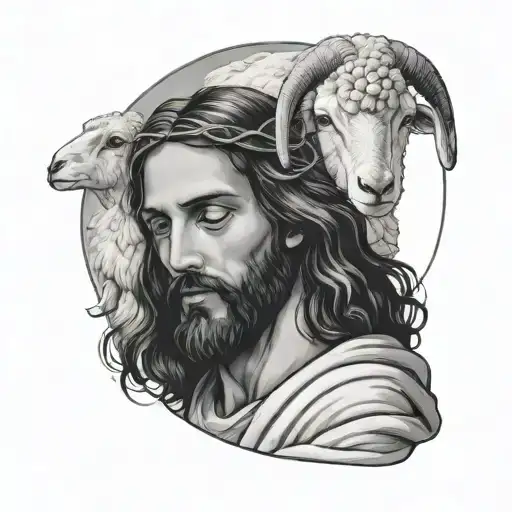 jesus holding a sheep while looking at it in his arms tattoo design idea