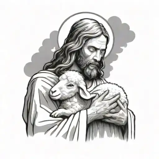 Jesus holding a sheep while looking at it in his arms to place on the arm stencil black and white color  tattoo design idea