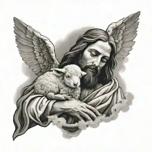 Jesus holding a cloud lamb while looking at it in his arms  tattoo design idea