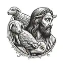 Jesus holding a sheep while looking at it in his arms to place on the arm stencil black and white color tattoo design idea