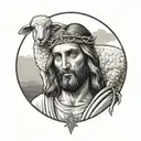 Jesus holding a sheep while looking at it in his arms to place on the arm stencil black and white color tattoo design idea