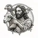 Jesus holding a sheep while looking at it in his arms to place on the arm stencil black and white color tattoo design idea