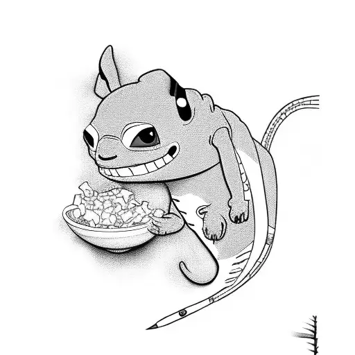 An illustration of Stitch watching a movie with a lizard on his shoulder tattoo design idea