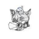 A sketch-style design of a cinema ticket with a dog, cat, and lizard peeking out tattoo design idea