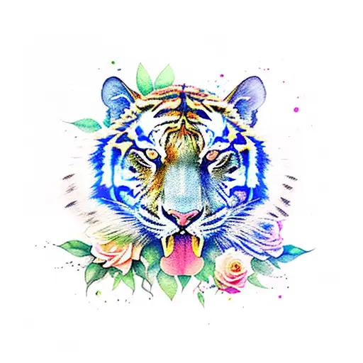 watercolor tiger with roses tattoo design idea