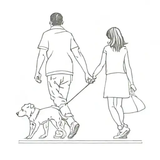 man and little girl walking a dog with their backs to us  tattoo design idea