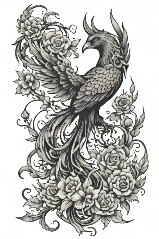 phoenix and flowers forming constellations forming ancient symbols tattoo design idea
