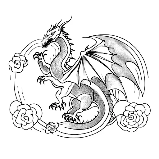 A minimalist tattoo of a mystical dragon surrounded by flowers tattoo design idea