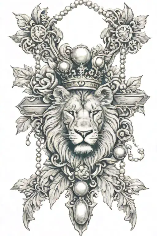 cross and lion and pearls hanging tattoo design idea