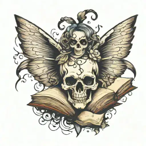 Skull with a fairy holding open book tattoo design idea