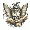 Skull with a fairy holding open book tattoo design idea