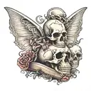 Skull with a fairy holding open book tattoo design idea