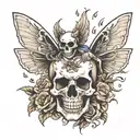 Skull with a fairy holding open book tattoo design idea
