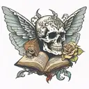 Skull with a fairy holding open book tattoo design idea