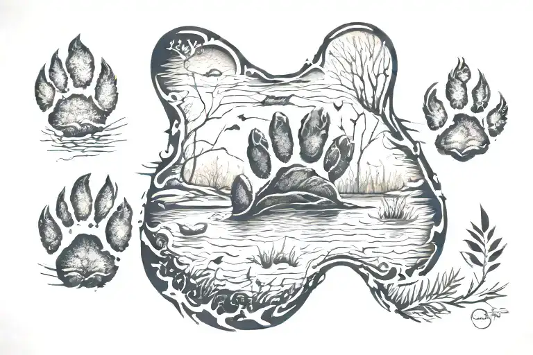 dog footprint, nature background with carpfishing details tattoo design idea
