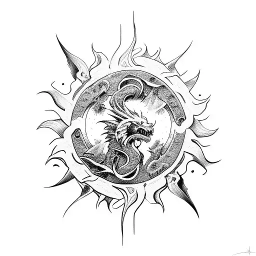 sun, sunrays, dragon, tsunami tattoo design idea