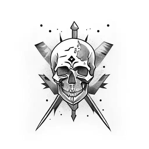 flash tattoo, minimal, skull and swords tattoo design idea