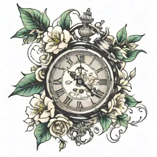 half old clock, half jasmines tattoo design idea