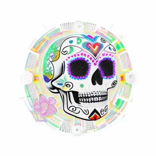 A vibrant Mexican sugar skull with circuitry patterns representing the love for AI and technology tattoo design idea
