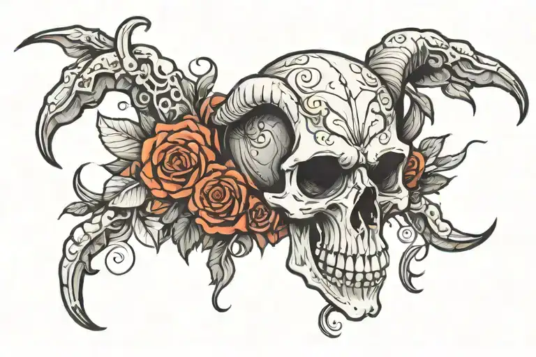 skull, ram, flaming hearts and roses large from hip to thigh  tattoo design idea