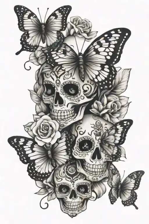 sugar skulls and butterfly's tattoo design idea