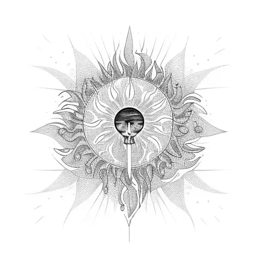 sun rays, waves, palm trees, flowers tattoo design idea