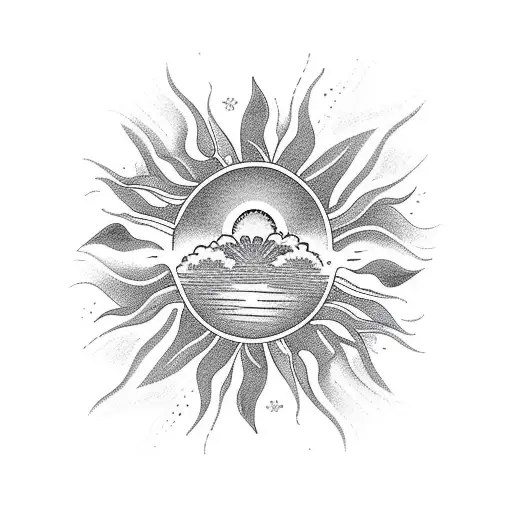 sun rays, waves, palm trees, flowers tattoo design idea