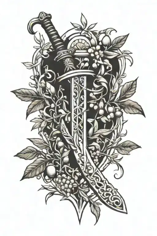 sword covered in olive branches tattoo design idea