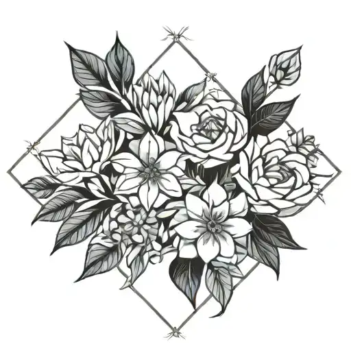 diamond shaped bouquet of seven flowers:one march, two June, two august, one September, one november birth month flowers tattoo design idea