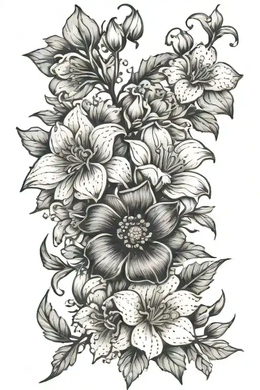 seven flowers intertwined with 2 june 2 august 1 November 1 march 1 September birth month flowers tattoo design idea