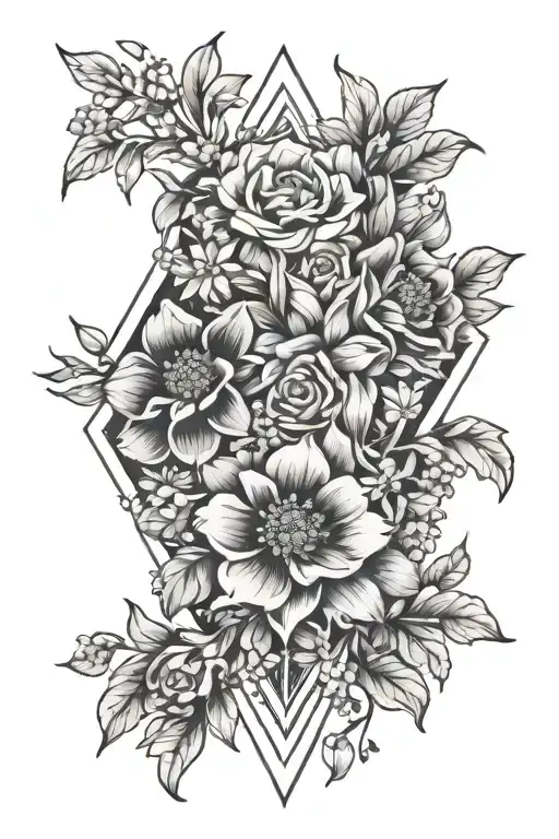 diamond shaped bouquet of seven flowers:one march, two June, two august, one September, one november birth month flowers tattoo design idea