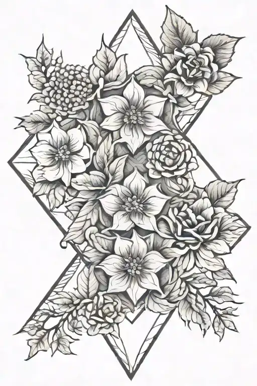a diamond shaped outline of 6 flowers intertwined representing June, august, march, and November birth month flowers  tattoo design idea
