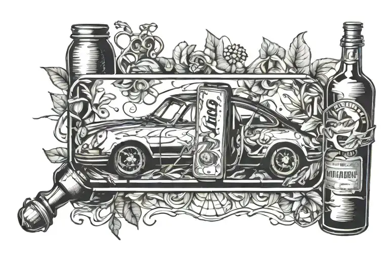 porsche in bottle surrounded tattoo design idea