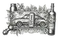 porsche in bottle surrounded tattoo design idea
