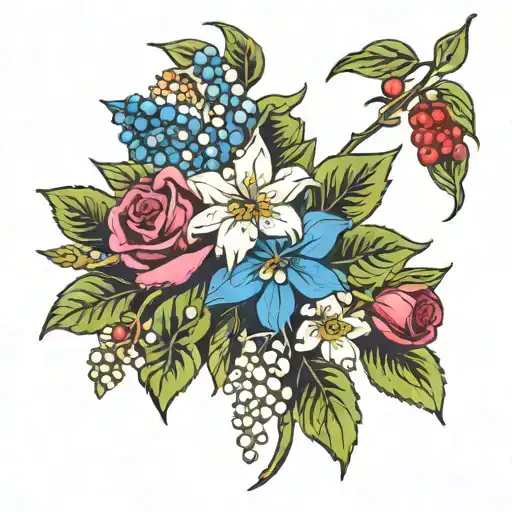 larkspur, roses. lily of the valley, holly berries tattoo design idea