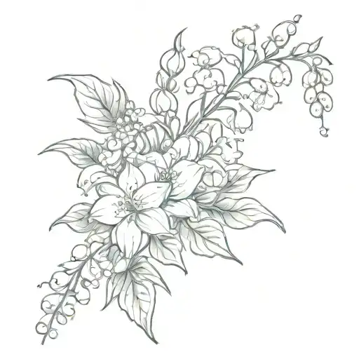 lily of the valley, roses, larkspur, holly berries tattoo design idea