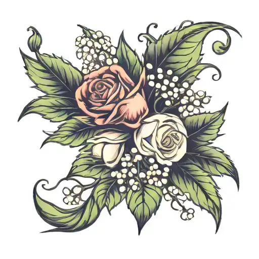 lily of the valley, roses, larkspur, holly berries tattoo design idea