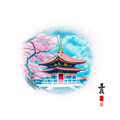 Red Japanese temple with pink peach trees and blue dragon tattoo design idea