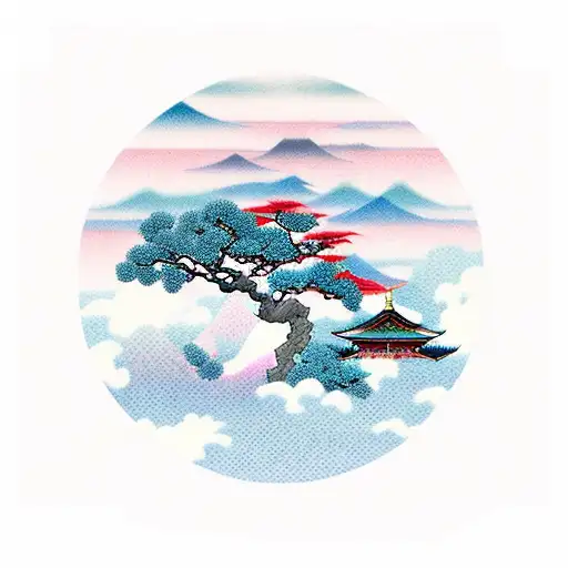 Red Japanese temple with pink peach trees and blue dragon in the sky tattoo design idea