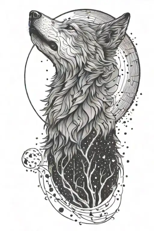 An artistic interpretation of a wolf howling at the moon, created using only lines and dots tattoo design idea