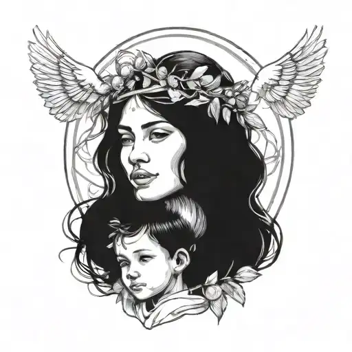 Sketch a portrait of a mother figure surrounded by her children, each child holding a different symbol of hard work and perseverance, with a subtle halo above the mother's head representing her angelic presence in the family tattoo design idea