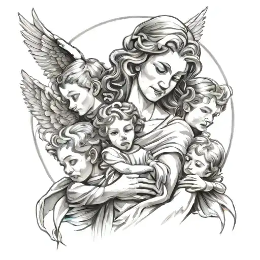 Sketch a portrait of a mother figure surrounded by her children, each child holding a different symbol of hard work and perseverance, with a subtle halo above the mother's head representing her angelic presence in the family tattoo design idea
