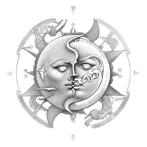 nautical sun and moon in the style of brass machinery  tattoo design idea